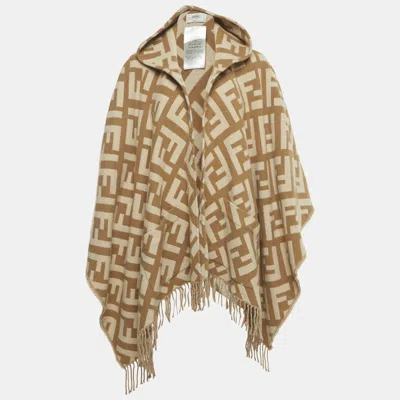 Pre-owned Fendi Beige Ff Monogram Intarsia Cashmere Fringed Poncho One Size In Sand