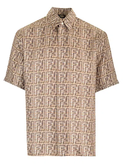Fendi Beige Ff Silk Shirt In Beige,brown