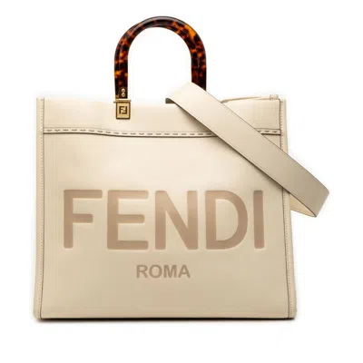 Pre-owned Fendi Beige Ivory Leather Shoulder Bag Tote Bag () In Multi