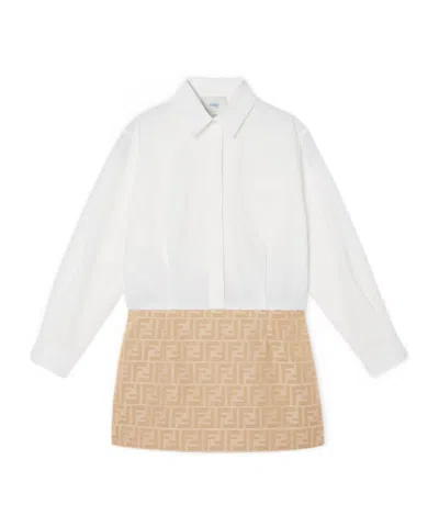 Fendi Beige Jacquard And Poplin Junior Dress With Logo In Brown