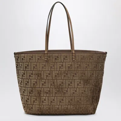Fendi Beige Jacquard Ff Velvet Roll Large Shopper Bag Women In Brown