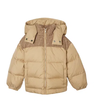 Fendi Beige Jersey Down Jacket With Logo In Gold