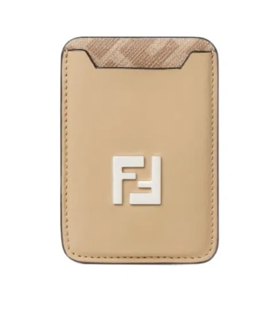 Fendi Beige Leather And Beige Ff Canvas Card Holder In Gold