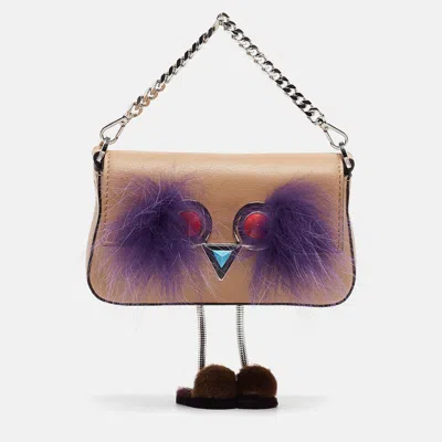 Pre-owned Fendi Beige Leather And Fox Micro Monster Feet Crossbody Bag