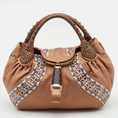 Pre-owned Fendi Beige Leather Beaded Spy Hobo In Brown