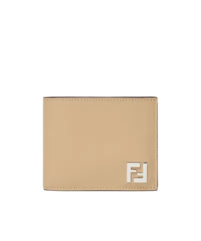 Fendi Beige Leather Compact Bi-fold Wallet In Brown