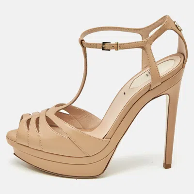 Pre-owned Fendi Beige Leather Duo Platform T-strap Sandals Size 37