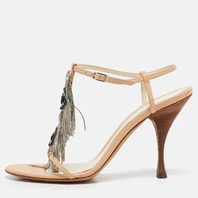 Pre-owned Fendi Beige Leather Embellished Ankle Strap Sandals Size 40