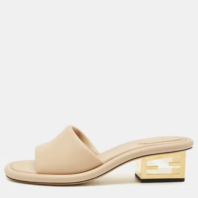Pre-owned Fendi Beige Leather Ff Baguette Heel Slide Sandals Size 40