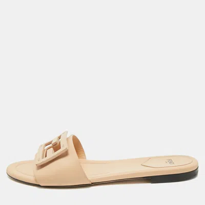 Pre-owned Fendi Beige Leather Ff Flat Slides Size 39.5 In Sand