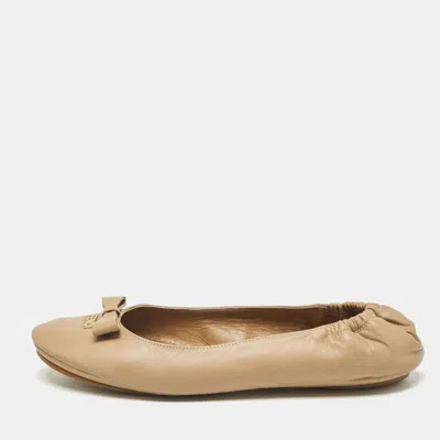 Pre-owned Fendi Beige Leather Let's Dance Bow Ballet Flats Size 39