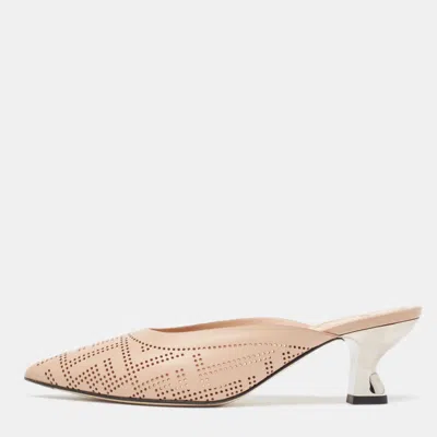 Pre-owned Fendi Beige Leather Perforated Ff Mules Size 36