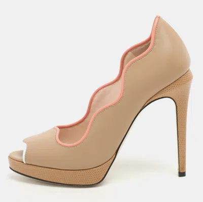 Pre-owned Fendi Beige Lizard Embossed And Leather Scalloped Peep Toe Platform Pumps Size 36