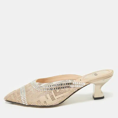 Pre-owned Fendi Beige Mesh Crystal Embellished Colibri Heel Mules Size 35