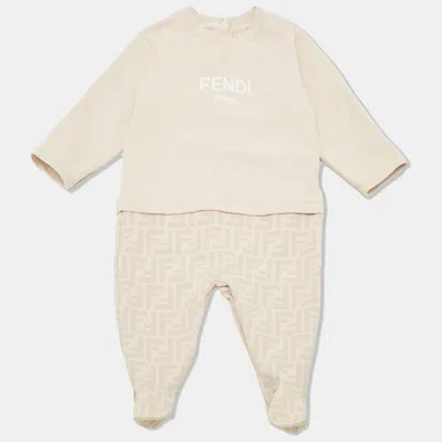 Pre-owned Fendi Beige Monogram Cotton Knit Baby Romper 6m In Sand