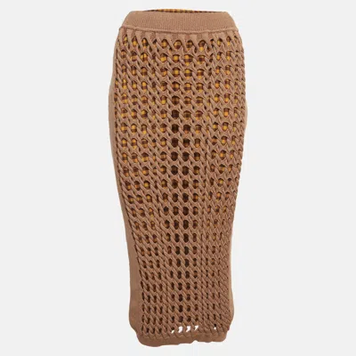 Pre-owned Fendi Beige Openwork Aran Pattern Knit Midi Skirt L In Sand