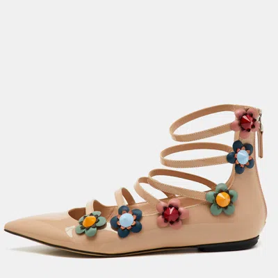 Pre-owned Fendi Beige Patent Leather Flowerland Ankle Strap Flats Size 38