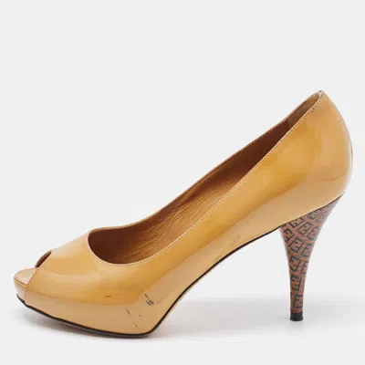 Pre-owned Fendi Beige Patent Leather Zucca Heel Peep Toe Pumps Size 37