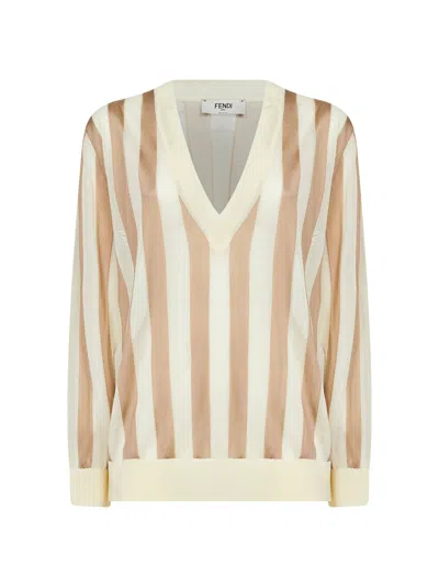 Fendi Beige Pequin Silk And Cotton Sweater In Multi