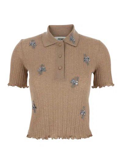 FENDI FENDI WOMEN BEIGE POLO WITH RIBBED DESIGN AND ALL-OVER FLORAL EMBROIDERY WITH SEQUINS AND BEADS IN C