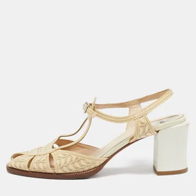 Pre-owned Fendi Beige Printed Patent Leather Block Heel Ankle Strap Sandals Size 40