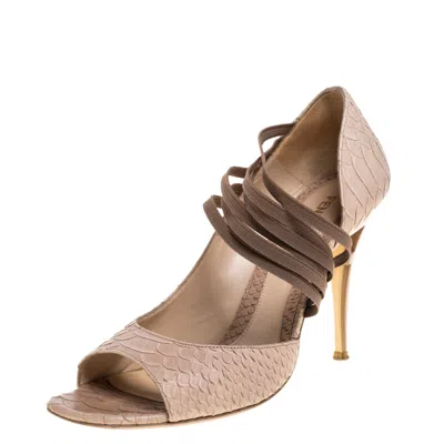Pre-owned Fendi Beige Python Embossed Leather Strappy Half D'orsay Peep Toe Pumps Size 40