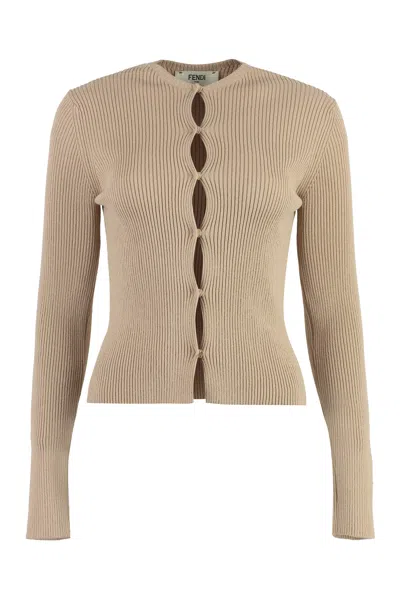 Fendi Beige Ribbed Cut Out Cardigan For Women In Brown