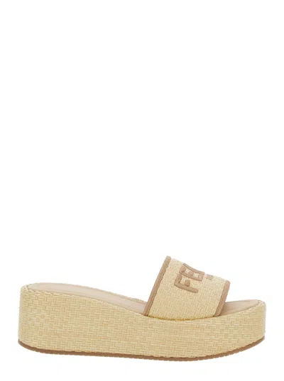 Fendi Beige Sandals With Logo Lettering On The Front In Fabric Woman In Neutral