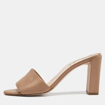 Pre-owned Fendi Beige Satin Logo Embroidered Slide Sandals Size 40