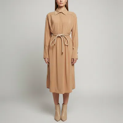 Pre-owned Fendi Beige Silk Crepe De Chine Belted Midi Shirt Dress M In Sand