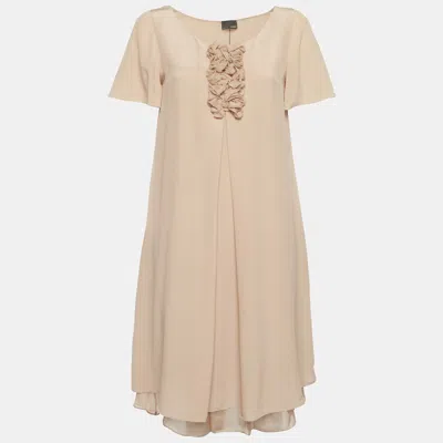 Pre-owned Fendi Beige Silk Frilled Short Dress M In Sand