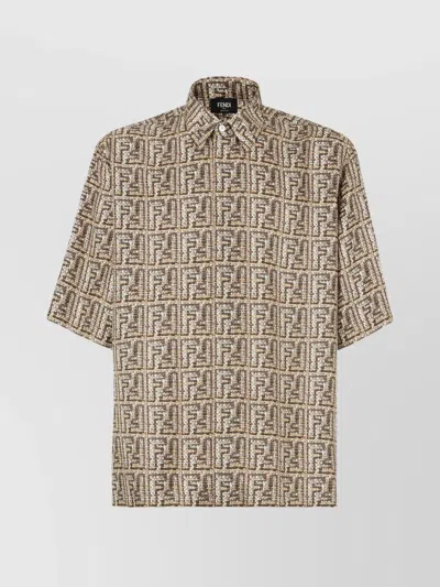 Fendi Beige Silk Shirt With Ff Print In Brown