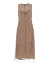 Fendi Women Beige Sleeveless Crewneck Dress With Floral Embroidery In Lace Woman In Brown