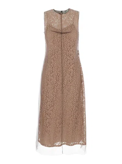 FENDI FENDI WOMEN BEIGE SLEEVELESS CREWNECK DRESS WITH FLORAL EMBROIDERY IN LACE WOMAN