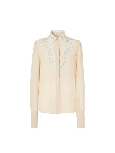 Fendi Beige Slim-fit Silk Shirt With Peony Lace V-insert Detailing And Hidden-button Front In Neutral