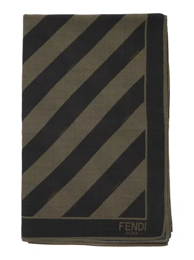 Fendi Beige Square Stole With All-over Striped Motif And Logo Lettering On The Hem In Cotton And Sil In Tabacco Moro