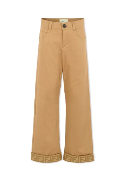 Fendi Kids' Beige Trousers For Boy With Ff In Brown