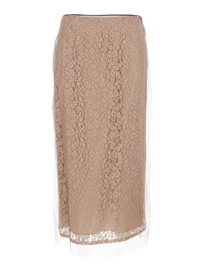Fendi Beige Tube Skirt With All-over Floral Embroidery In Lace Woman In Multicolor