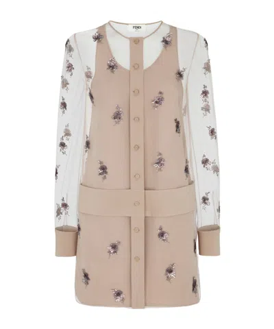 FENDI FENDI FLORAL EMBELLISHED SHEER SLEEVED MINI DRESS