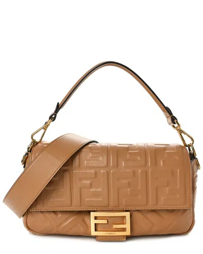 Fendi Beige Vitello Ff Leather 1974 Embossed Baguette (authentic Pre-loved) In Brown