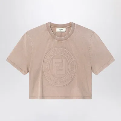 Fendi Beige Washed-out Cropped T-shirt With Logo Women In Brown