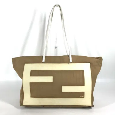 Pre-owned Fendi Beige White Canvas Rubber Shoulder Bag Tote Bag () In Beige, White