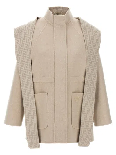 FENDI FENDI BEIGE WOOL PARKA WITH REMOVABLE STOLE AND FF MONOGRAM
