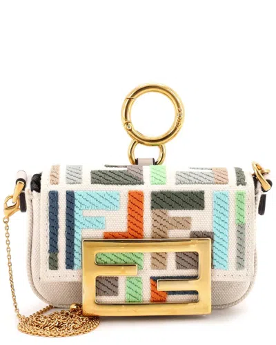 Pre-owned Fendi Beige Zucca Embroidered Canvas Chain Baguette Charm Bag Nano (authentic  Pre-loved)