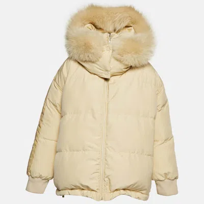 Pre-owned Fendi Beige Zucca Print Nylon Fur Trim Hooded Reversible Jacket M In Sand