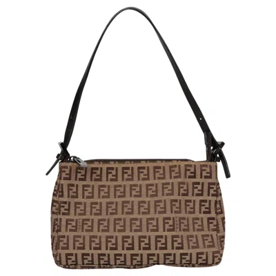 Pre-owned Fendi Beige Zucchino Monogram Canvas & Brown Calfskin Leather Vintage Pochette