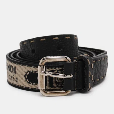 Pre-owned Fendi Beige/black Jacquard And Leather Selleria Waist Belt In Sand
