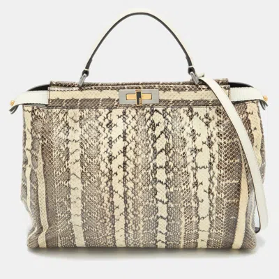 Pre-owned Fendi Beige/black Python Leather Large Peekaboo Top Handle Bag
