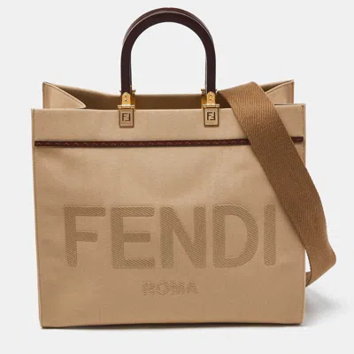 Pre-owned Fendi Beige/brown Canvas And Leather Medium Sunshine Tote