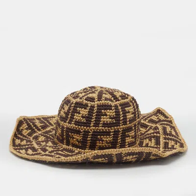 Pre-owned Fendi Beige/brown Zucca Patterned Crochet Wide Brim Hat S